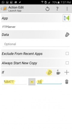 Let's add a safe condition so it only launches when the battery is above 10%. Hit the plus and fill up as follows or click the label and select Battery Level.