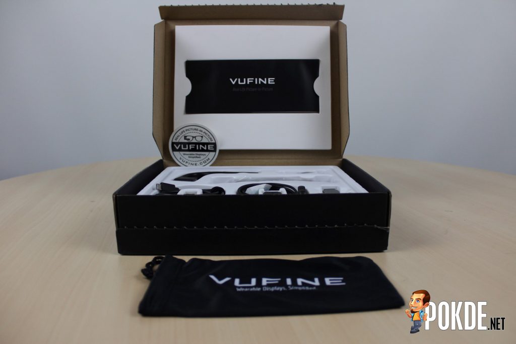 This is a very well thought packaging. It even includes a glasses soft pouch to carry your Vufine+ or glasses in it.