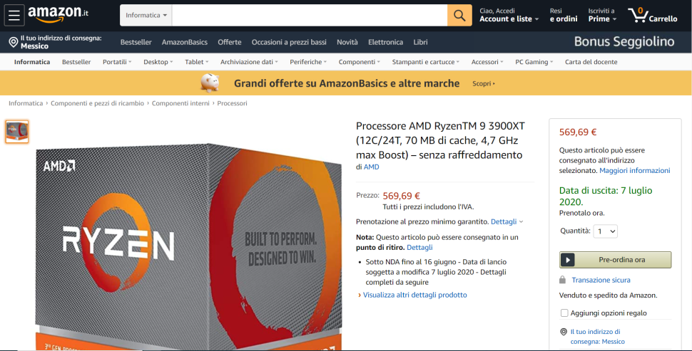 AMD Ryzen 9 3900XT Amazon Italy