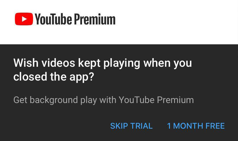 YouTube Premium Pop Up Ad