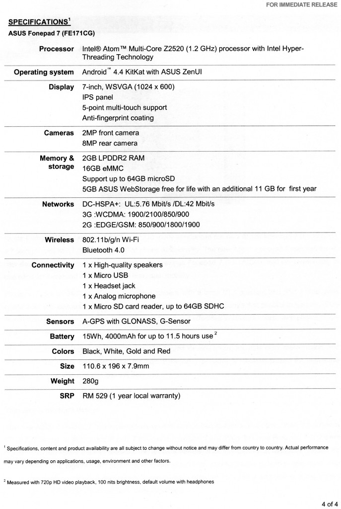 Fonepad 7 Spec