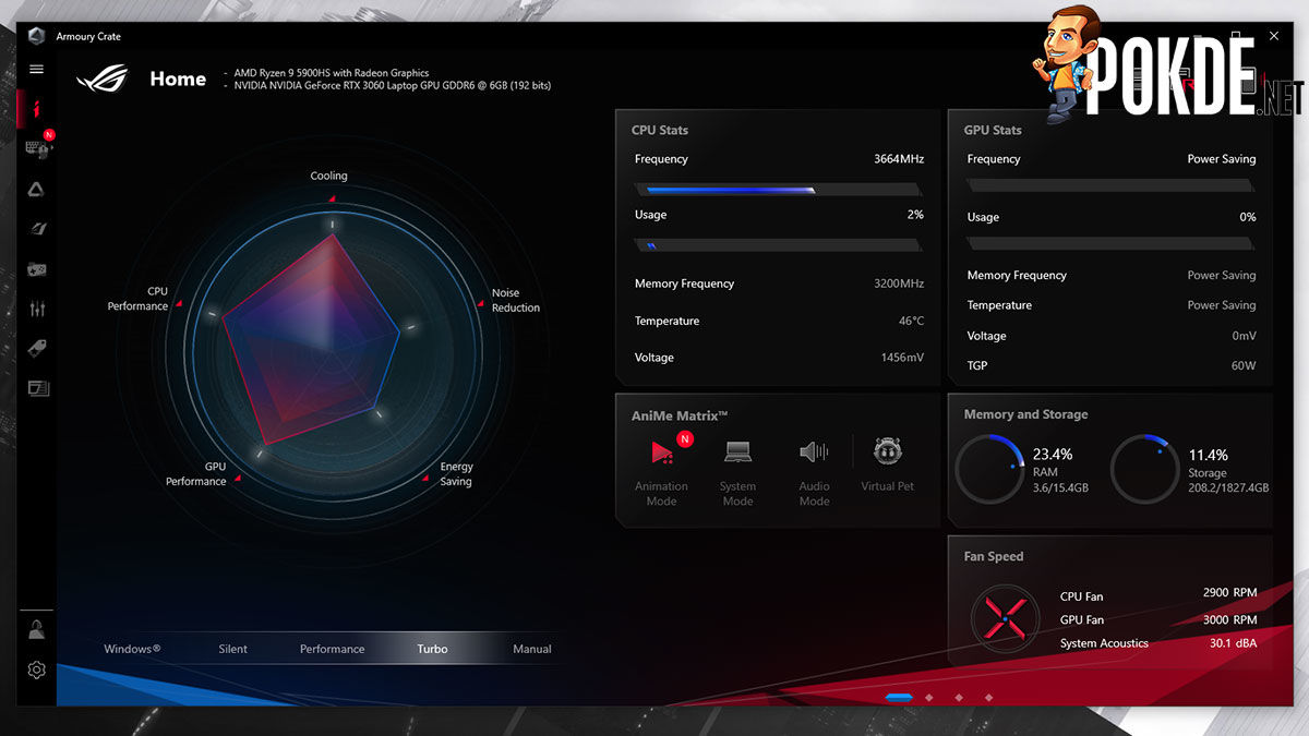 ASUS ROG Zephyrus G14 2021 Review Armoury Crate main screen